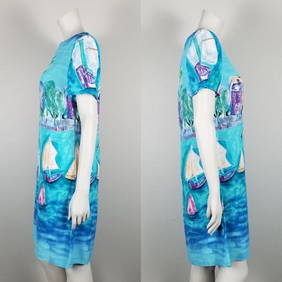 Vintage Blue Ocean Pier Scene Nautical Painted Look Shift Dress Size 6 - Picture 2 of 7